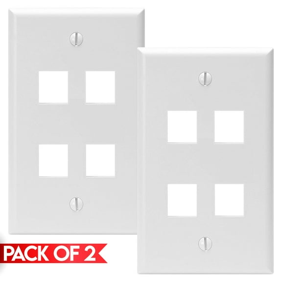 Cmple - [2 Pack] 4 Ports Keystone Wall Plate, Snap-In Keystone Jack Faceplate, QuickPort Wall Plate, Single Gang Wallplate with Four Standard Size Keystone Hole, White