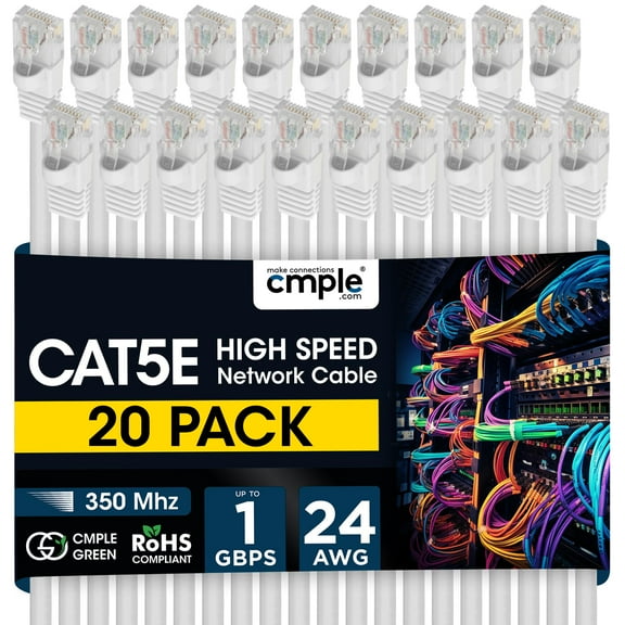 Cmple - 20 Pack Cat5e Ethernet Cable 1.5ft Internet Patch Cord with RJ45 Connectors 1 Gigabit Router Cables 350Mhz LAN Wire - White