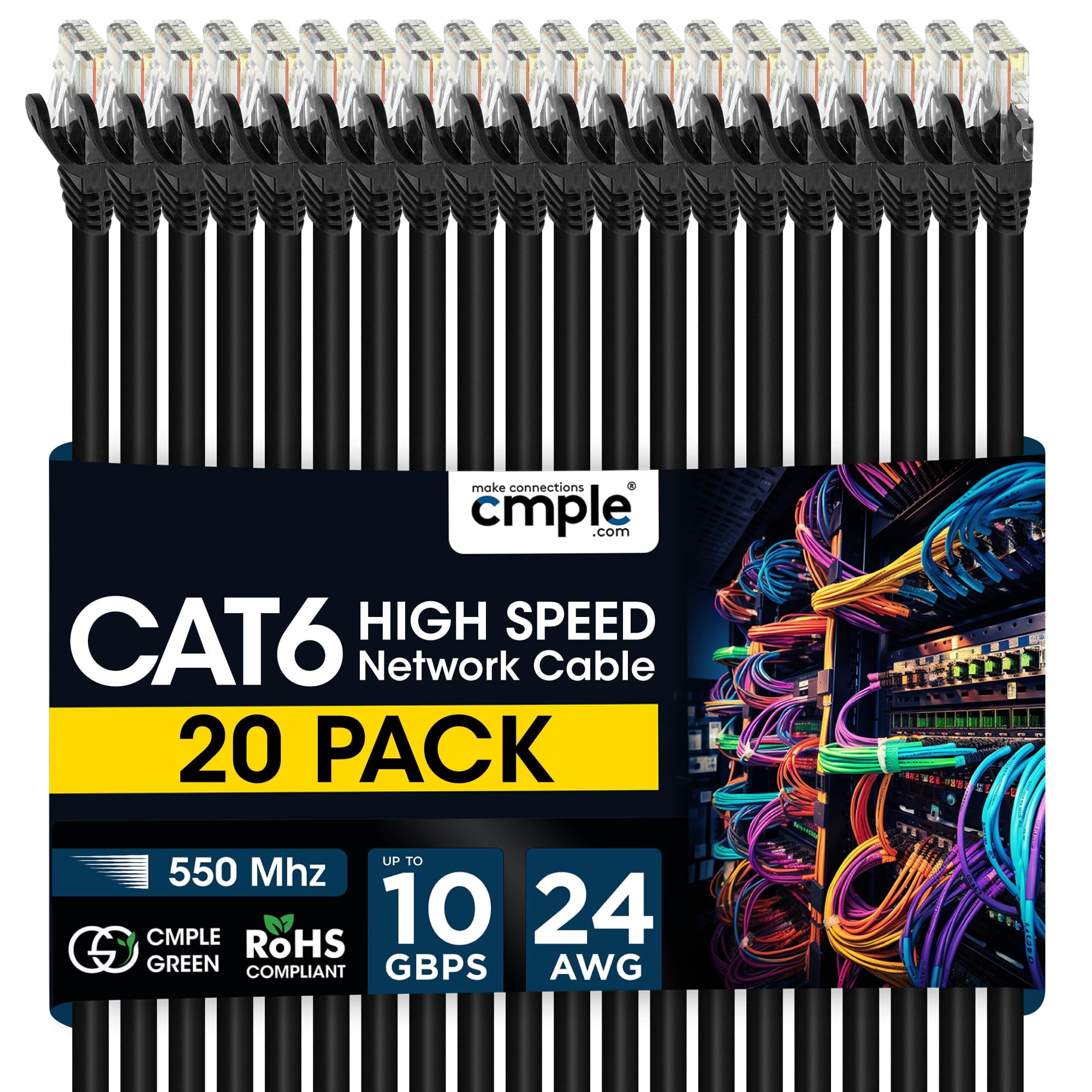 Cmple - 20 Pack Cat6 Ethernet Cable 1.5 ft Cat 6 Network Cables with RJ45 Connectors 10Gbps Computer LAN Patch Cord Router 550Mhz Cat 6 Wire - Black