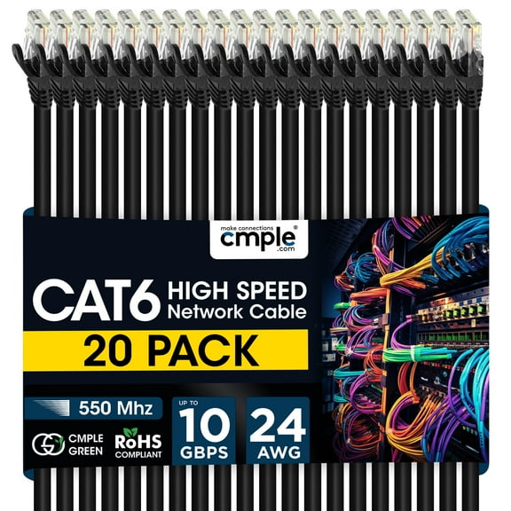 Cmple - 20 Pack Cat6 Ethernet Cable 10 ft Cat 6 Network Cables with RJ45 Connectors 10Gbps Computer LAN Patch Cord Router 550Mhz Cat 6 Wire - Black