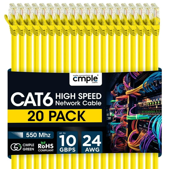 Cmple - 20 Pack Cat6 Ethernet Cable 10 ft Cat 6 Network Cables with RJ45 Connectors 10Gbps Computer LAN Patch Cord Router 550Mhz Cat 6 Wire - Yellow