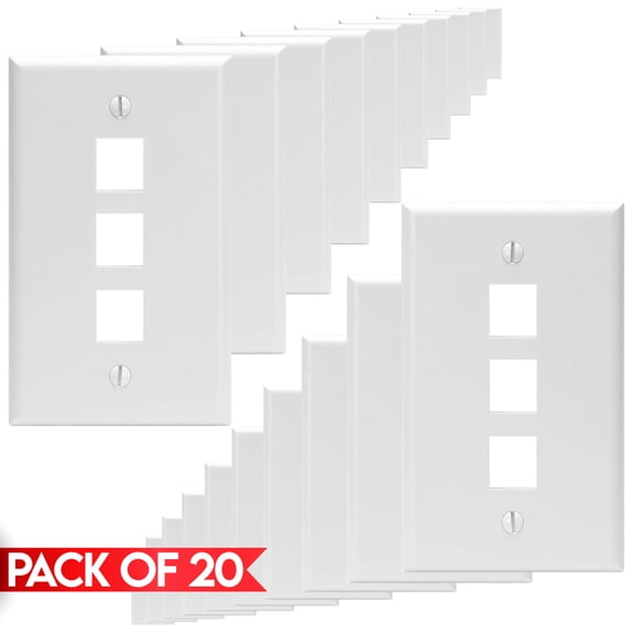Cmple - [20 Pack] 3 Ports Keystone Wall Plate, Snap-In Keystone Jack Faceplate, QuickPort Wall Plate, Single Gang Wallplate with Three Standard Size Keystone Hole, White