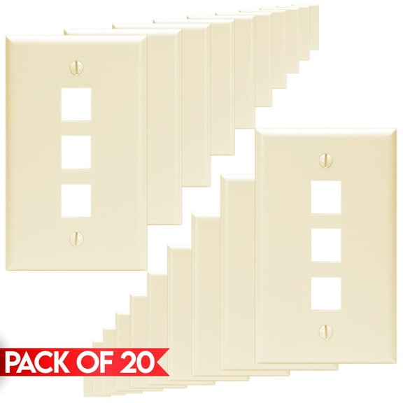 Cmple - [20 Pack] 3 Ports Keystone Wall Plate, Snap-In Keystone Jack Faceplate, QuickPort Wall Plate, Single Gang Wallplate with Three Standard Size Keystone Hole, Ivory