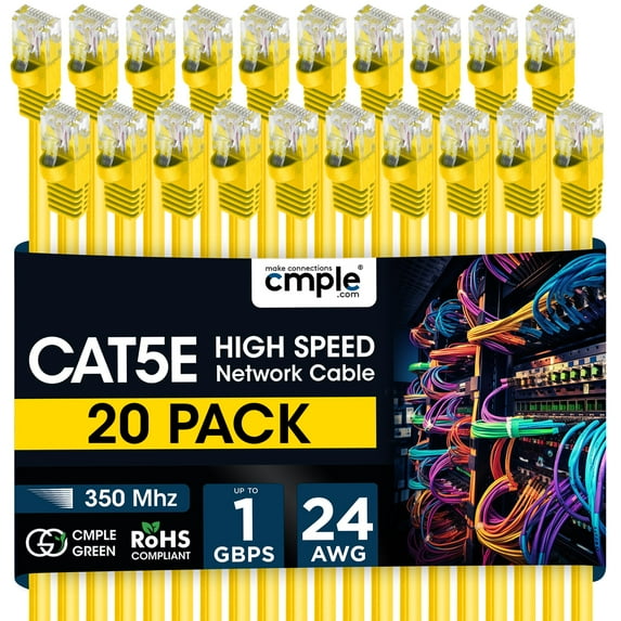 Cmple - 20 Pack Cat5e Ethernet Cable 1.5ft Internet Patch Cord with RJ45 Connectors 1 Gigabit Router Cables 350Mhz LAN Wire - Yellow