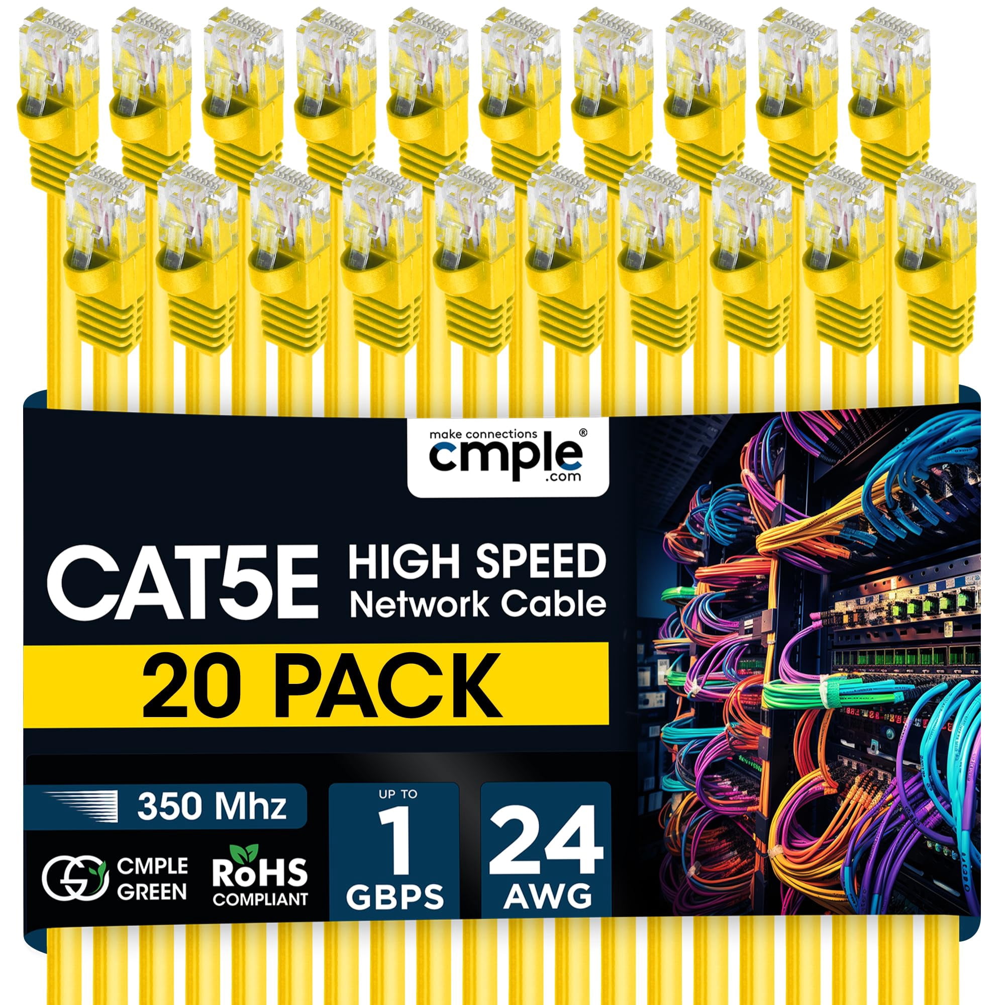 Cmple - 20 Pack Cat5e Ethernet Cable 15ft Internet Patch Cord with RJ45 Connectors 1 Gigabit Router Cables 350Mhz LAN Wire - Yellow