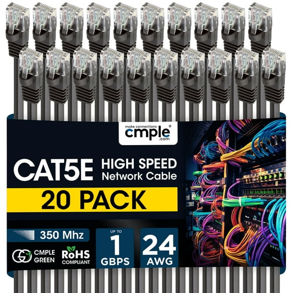 Cmple - 20 Pack Cat5e Ethernet Cable 7ft Internet Patch Cord with RJ45 Connectors 1 Gigabit Router Cables 350Mhz LAN Wire - Black