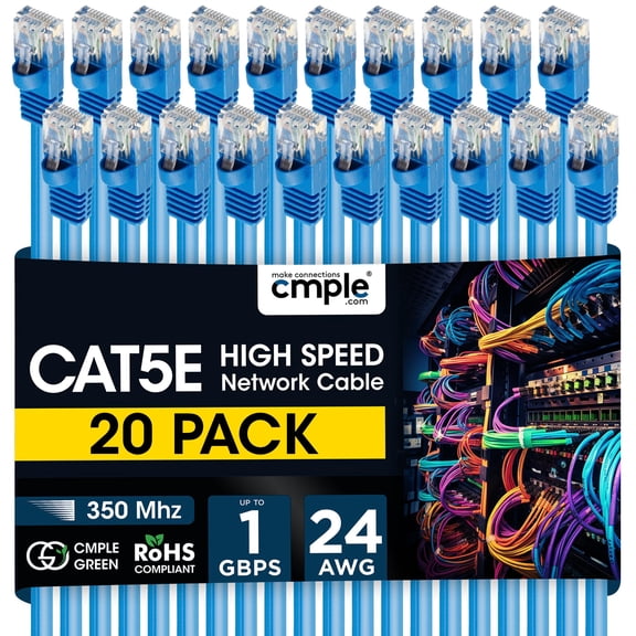 Cmple - 20 Pack Cat5e Ethernet Cable 7ft Internet Patch Cord with RJ45 Connectors 1 Gigabit Router Cables 350Mhz LAN Wire - Blue