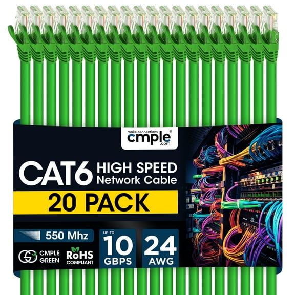 Cmple - 20 Pack Cat6 Ethernet Cable 1.5 ft Cat 6 Network Cables with RJ45 Connectors 10Gbps Computer LAN Patch Cord Router 550Mhz Cat 6 Wire - Green