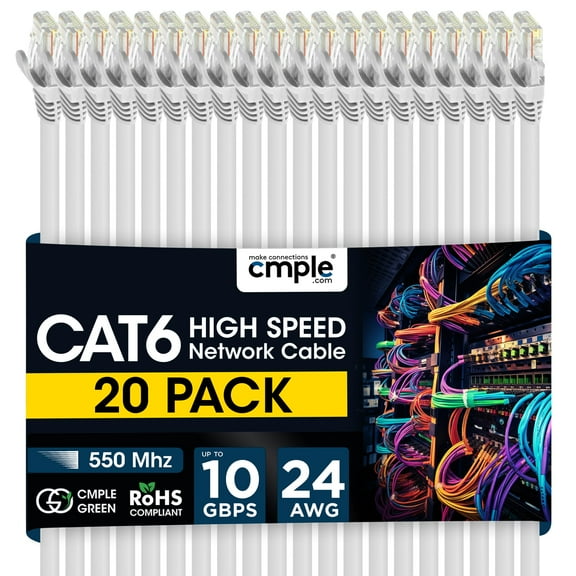 Cmple - 20 Pack Cat6 Ethernet Cable 10 ft Cat 6 Network Cables with RJ45 Connectors 10Gbps Computer LAN Patch Cord Router 550Mhz Cat 6 Wire - White
