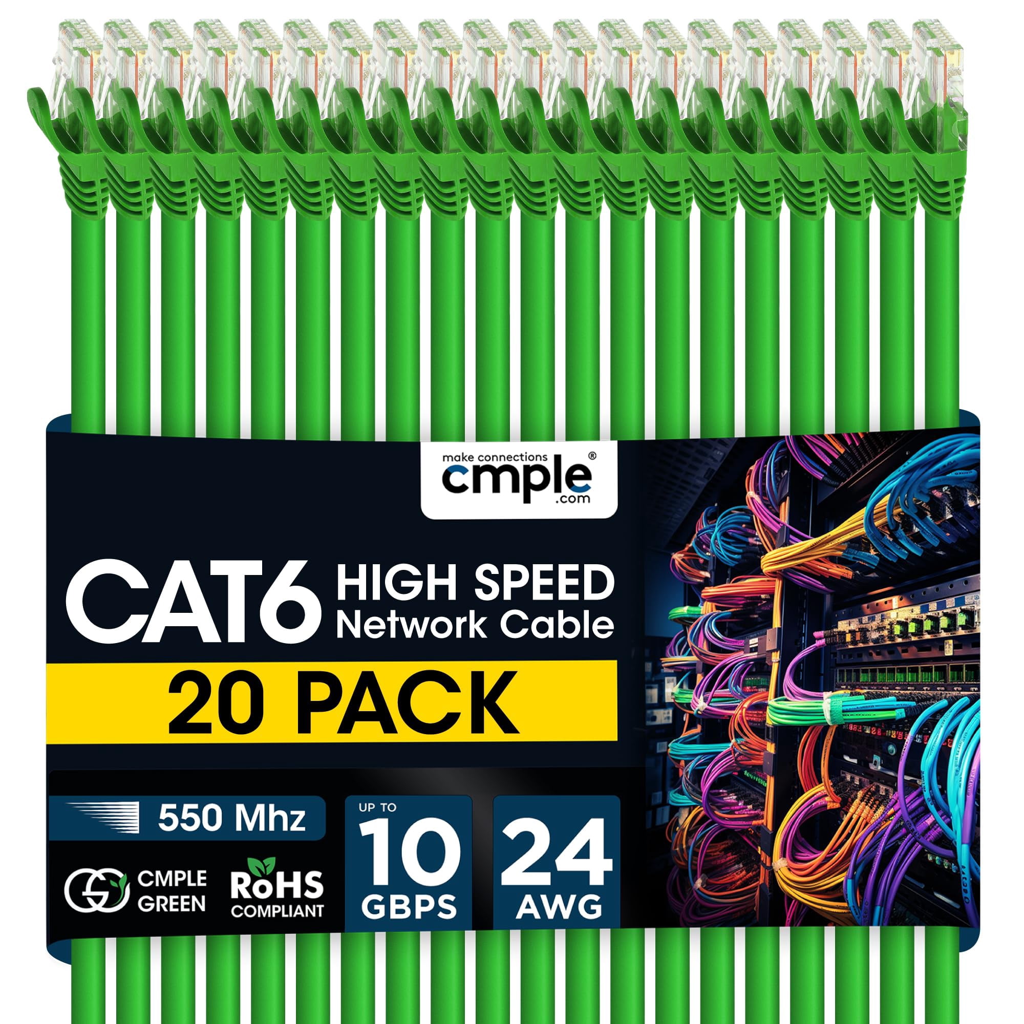 Cmple - 20 Pack Cat6 Ethernet Cable 3 ft Cat 6 Network Cables with RJ45 Connectors 10Gbps Computer LAN Patch Cord Router 550Mhz Cat 6 Wire - Green