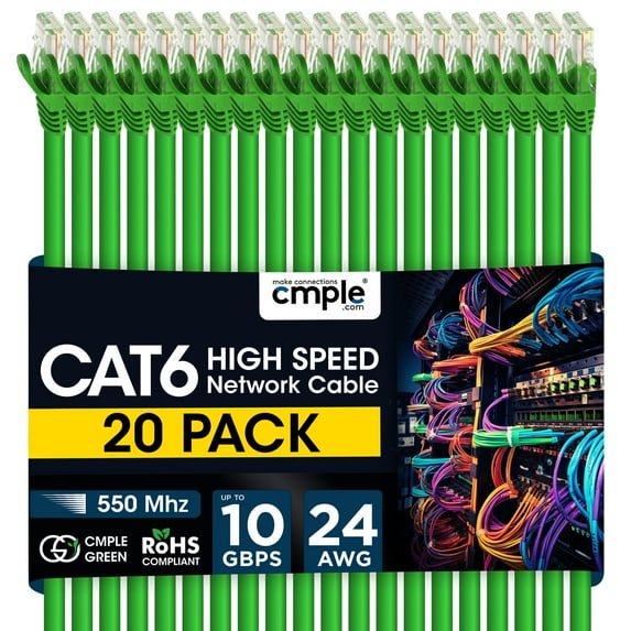 Cmple - 20 Pack Cat6 Ethernet Cable 3 ft Cat 6 Network Cables with RJ45 Connectors 10Gbps Computer LAN Patch Cord Router 550Mhz Cat 6 Wire - Green