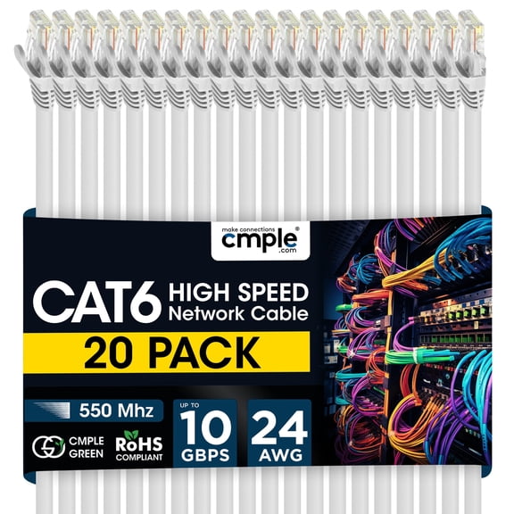 Cmple - 20 Pack Cat6 Ethernet Cable 5 ft Cat 6 Network Cables with RJ45 Connectors 10Gbps Computer LAN Patch Cord Router 550Mhz Cat 6 Wire - White