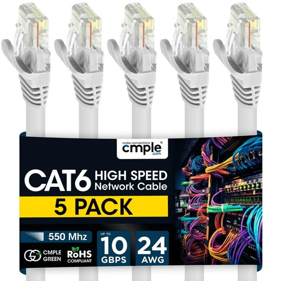 Cmple – 5 Pack Cat6 Ethernet Cable 1.5 ft, High Speed Cat6 Internet Network Cord, Ethernet Patch Cables, Computer LAN Wire with Snagless RJ45 Connectors - White