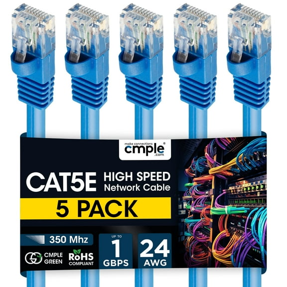 Cmple - 5 Pack Cat5e Ethernet Cable 10 ft, Router Patch Cord, Fast Internet Cat5 Cables, RJ45 Connectors, Computer LAN Network Wire - Blue