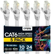 Cmple – 5 Pack Cat6 Ethernet Cable 10 ft, High Speed Cat6 Internet Network Cord, Ethernet Patch Cables, Computer LAN Wire with Snagless RJ45 Connectors - White