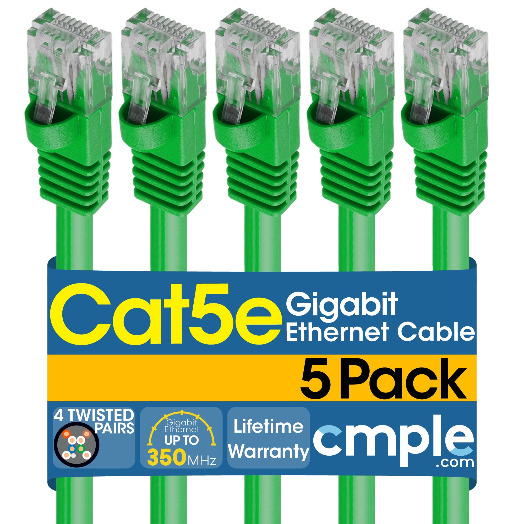 Cmple - [5 PACK] 1.5 Feet Cat5e Cable, Ethernet Patch Cord, Green