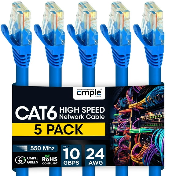 Cmple - 5 Pack Cat6 Ethernet Cable 3 ft, High Speed Cat6 Internet Network Cord, Ethernet Patch Cables, Computer LAN Wire with Snagless RJ45 Connectors - Blue