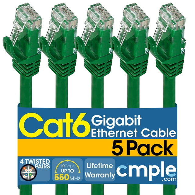 Cmple [5 PACK] 3 Feet Cat6 Cable, 10 Gigabit Network Cord