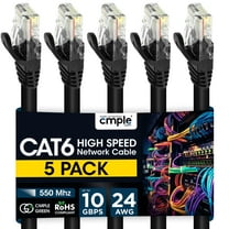 Cmple - 5 Pack Cat6 Ethernet Cable 3 ft, High Speed Cat6 Internet Network Cord, Ethernet Patch Cables, Computer LAN Wire with Snagless RJ45 Connectors - Black