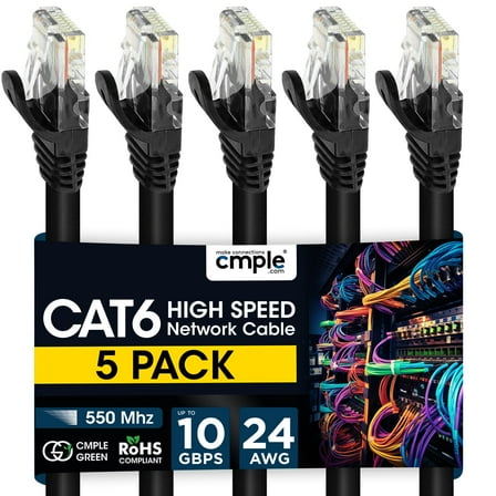 Cmple - 5 Pack Cat6 Ethernet Cable 3 ft, High Speed Cat6 Internet Network Cord, Ethernet Patch Cables, Computer LAN Wire with Snagless RJ45 Connectors - Black