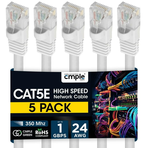 Cmple - 5 Pack Cat5e Ethernet Cable 5 ft, Router Patch Cord, Fast Internet Cat5 Cables, RJ45 Connectors, Computer LAN Network Wire - White