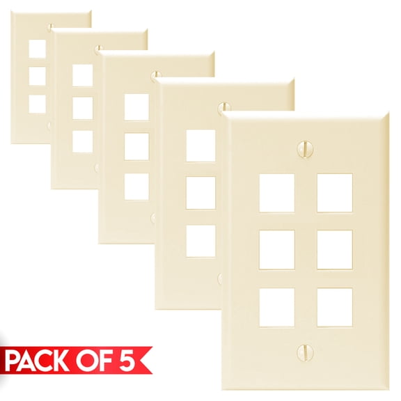 Cmple - [5 Pack] 6 Ports Keystone Wall Plate, Snap-In Keystone Jack Faceplate, QuickPort Wall Plate, Single Gang Wallplate with Six Standard Size Keystone Hole, Ivory