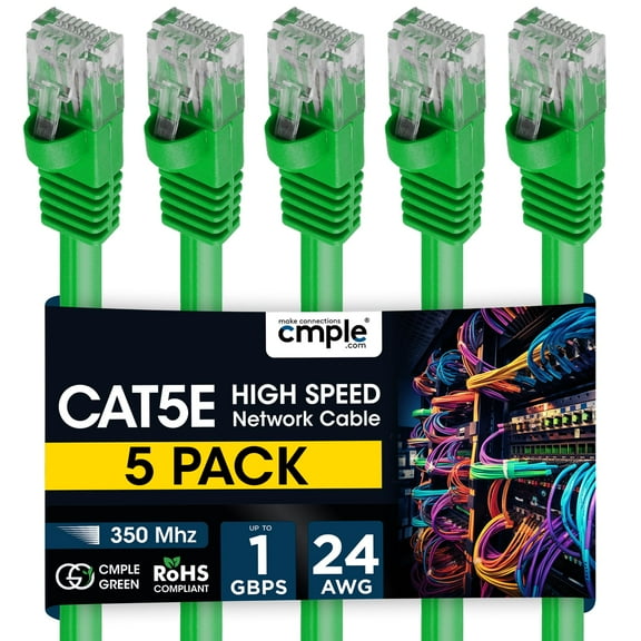 Cmple - 5 Pack Cat5e Ethernet Cable 10 ft, Router Patch Cord, Fast Internet Cat5 Cables, RJ45 Connectors, Computer LAN Network Wire - Green