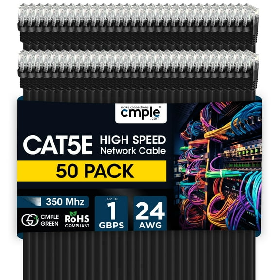 Cmple - 50 Pack Cat 5e Ethernet Cable 1.5 ft 1Gbps Cat5e Patch Cord with RJ45 Connectors 350MHz Internet Cables for Computer, WiFi Router, Modem - Black
