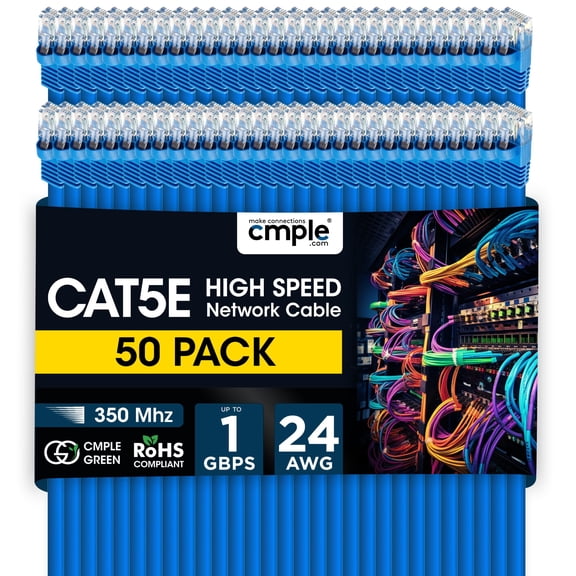 Cmple - 50 Pack Cat 5e Ethernet Cable 1.5 ft 1Gbps Cat5e Patch Cord with RJ45 Connectors 350MHz Internet Cables for Computer, WiFi Router, Modem - Blue