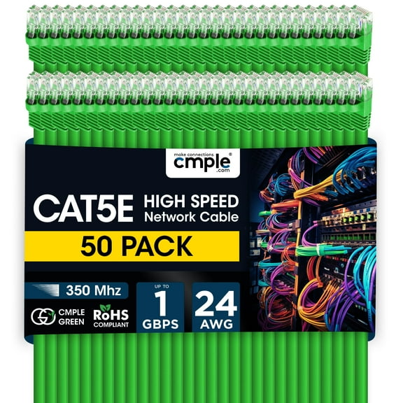 Cmple - 50 Pack Cat 5e Ethernet Cable 1.5 ft 1Gbps Cat5e Patch Cord with RJ45 Connectors 350MHz Internet Cables for Computer, WiFi Router, Modem - Green