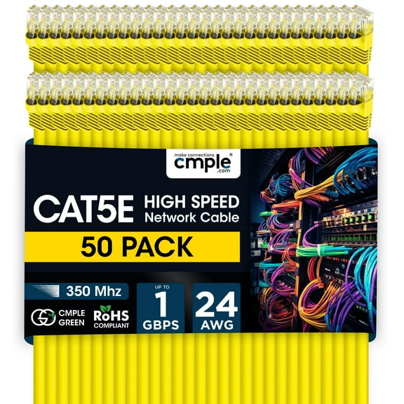 Cmple - 50 Pack Cat 5e Ethernet Cable 1.5 ft 1Gbps Cat5e Patch Cord with RJ45 Connectors 350MHz Internet Cables for Computer, WiFi Router, Modem - Yellow
