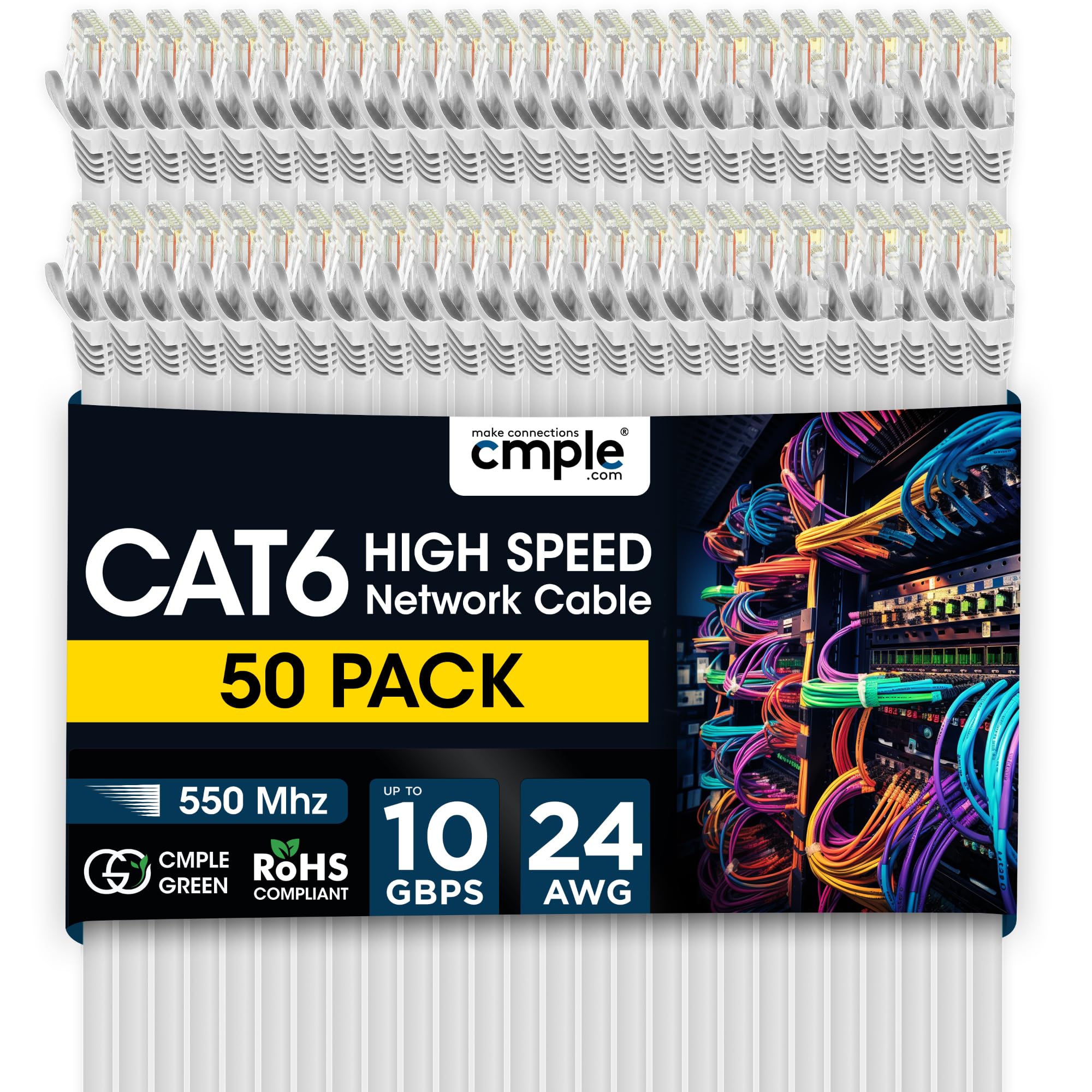 Cmple - 50 Pack Cat 6 Ethernet Cable 1.5 ft 10Gbps Internet Cables with RJ45 Connectors 550MHz Cat6 Patch Cord for Computer, WiFi Router, Modem - White