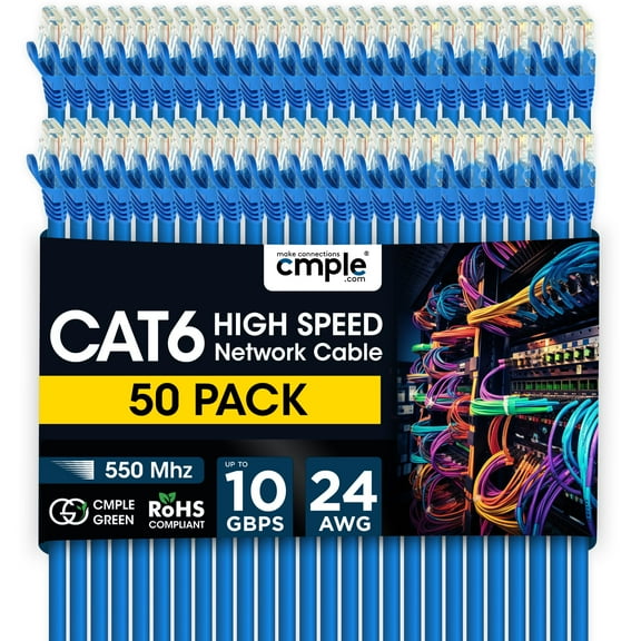 Cmple - 50 Pack Cat 6 Ethernet Cable 3 ft 10Gbps Internet Cables with RJ45 Connectors 550MHz Cat6 Patch Cord for Computer, WiFi Router, Modem - Blue