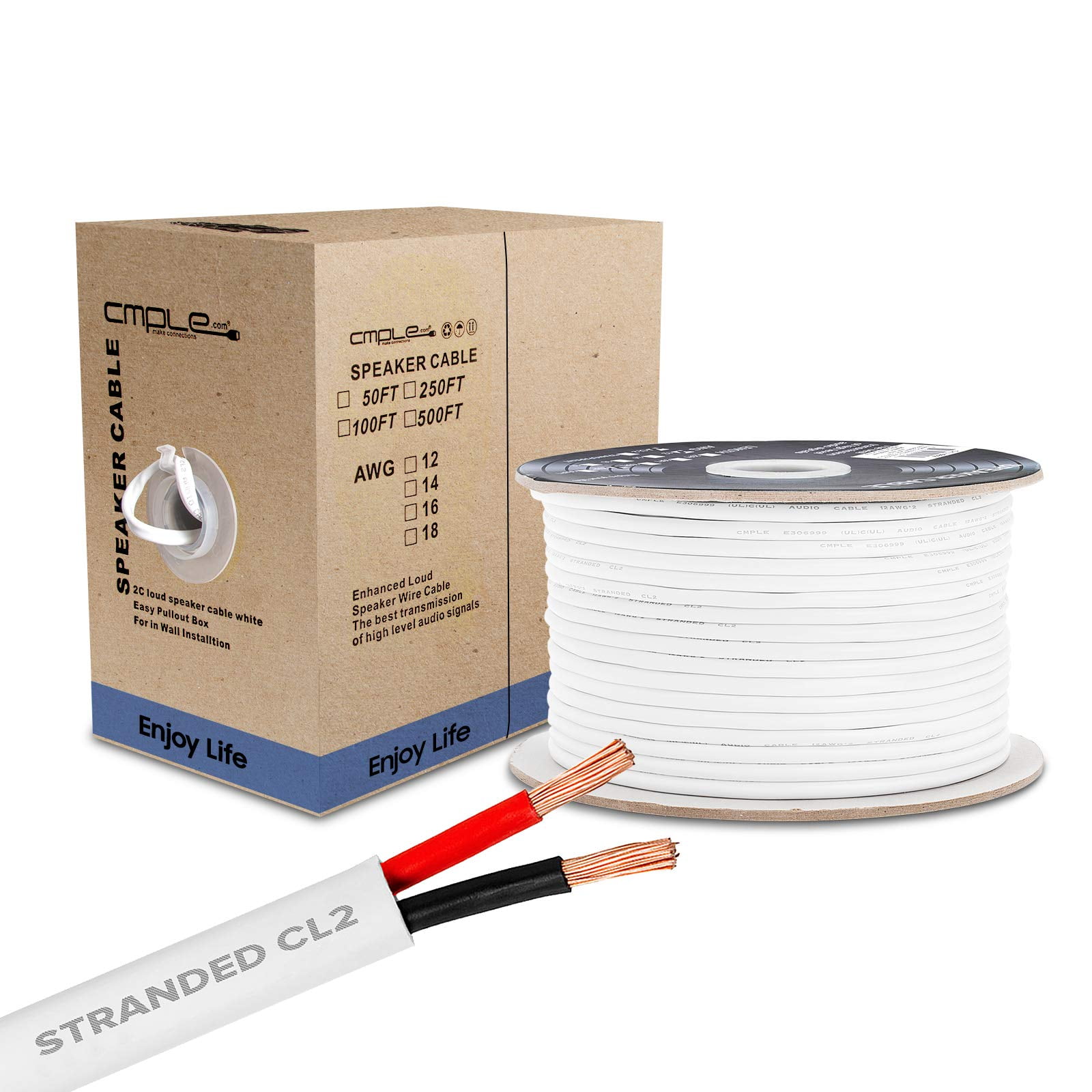 Cmple - 50FT 16AWG Speaker Wire Cable with 2 Conductor Speaker Cable (CCA) Copper Clad Aluminum CL2 Rated In-Wall Speaker Wire for Home Theater & Car Audio - 50 Feet, White