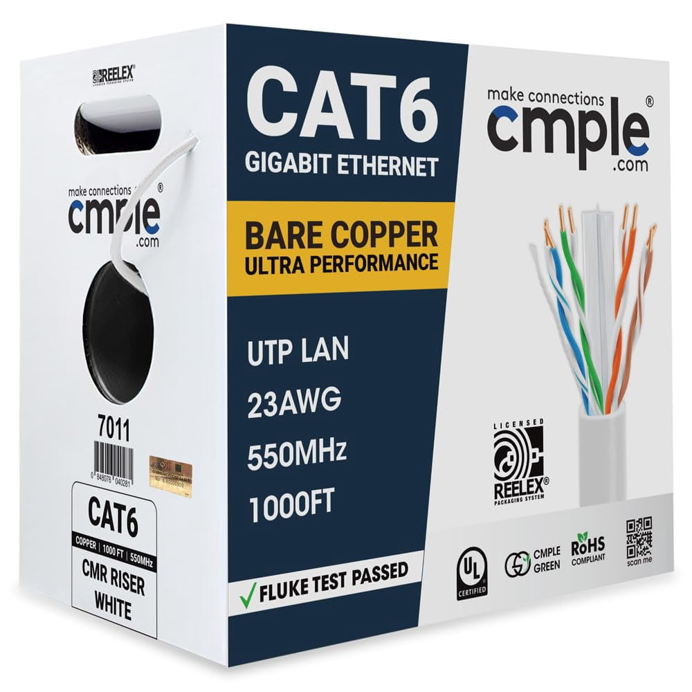 Cmple - Cat 6 Cable 1000ft, 23 AWG Bare Copper Wire CMR Riser Cat6 ...