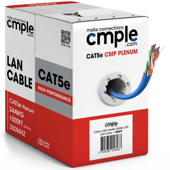 Cmple - Cat5e Plenum Cable 1000ft, CMP, Blue, 350MHz Gigabit Ethernet Cord Solid Network Internet Wire Bulk UTP