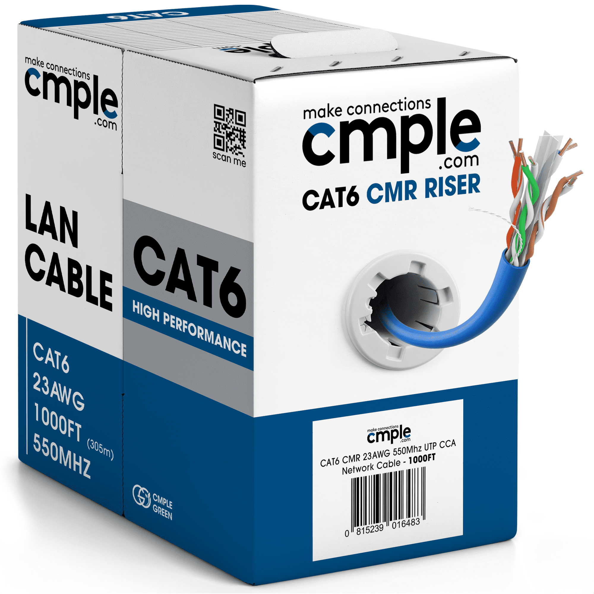 Cmple - Cat6 Cable 1000ft Bulk Lan Ethernet Cat 6 Wire Network UTP 23AWG CMR Riser 10 Gbps 550 MHz Pull Box 1000 Feet, Blue
