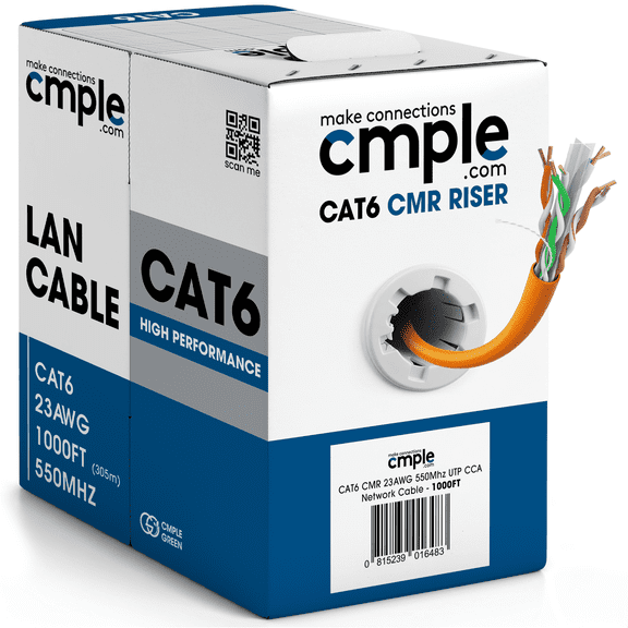 Cmple - Cat6 Cable 1000ft Bulk Lan Ethernet Cat 6 Wire Network UTP 23AWG CMR Riser 10Gbps 550 MHz Pull Box 1000 Feet, Orange