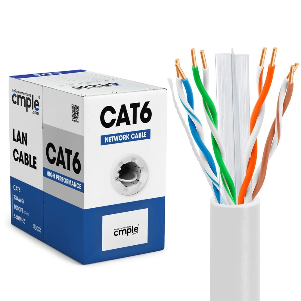 Cmple - Cat6 Cable 1000ft Bulk Lan Ethernet Cat 6 Wire Network UTP 23AWG  CMR Riser 10 Gbps 550 MHz Pull Box 1000 Feet, White 
