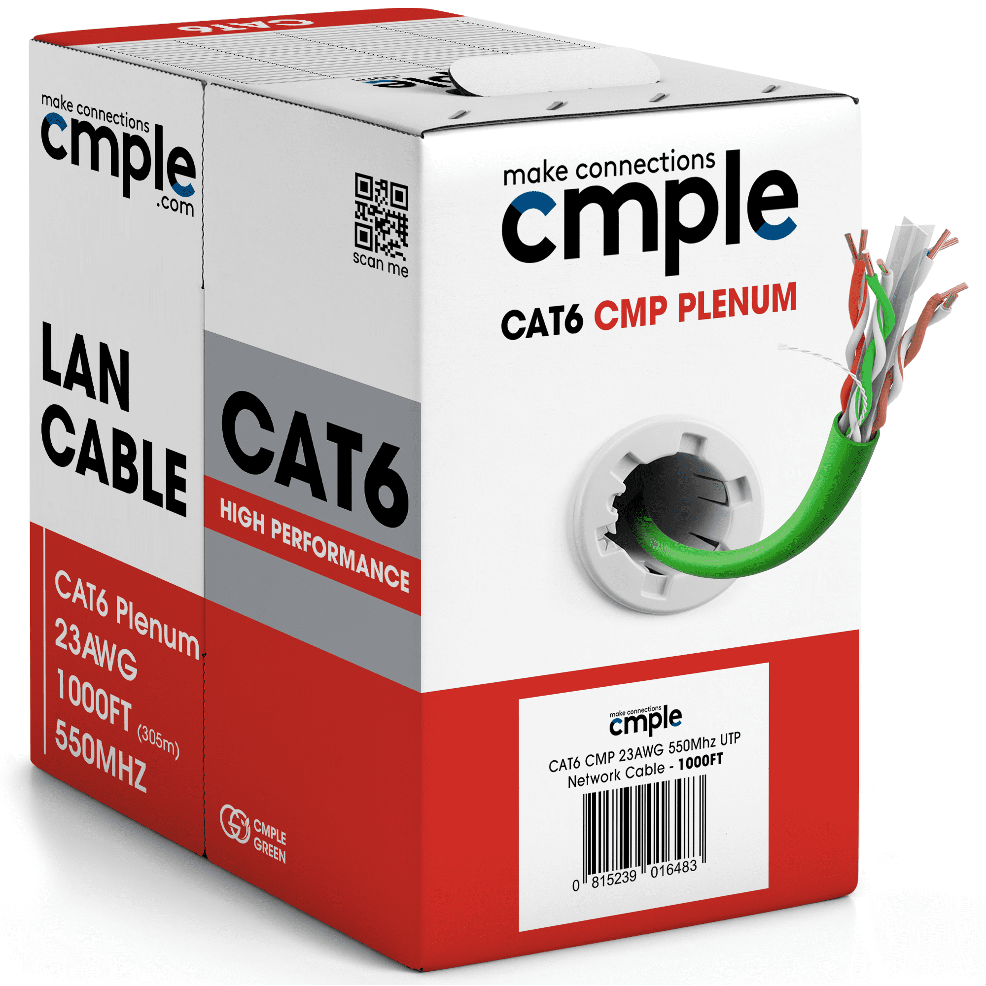 Cmple Cat6 Ethernet Cable 1000ft Plenum CMP 23AWG 550MHz UTP Solid 10Gbps PoE In-Wall Rated Bulk LAN Network Cable DSX-8000 Tested Pull Box - Green