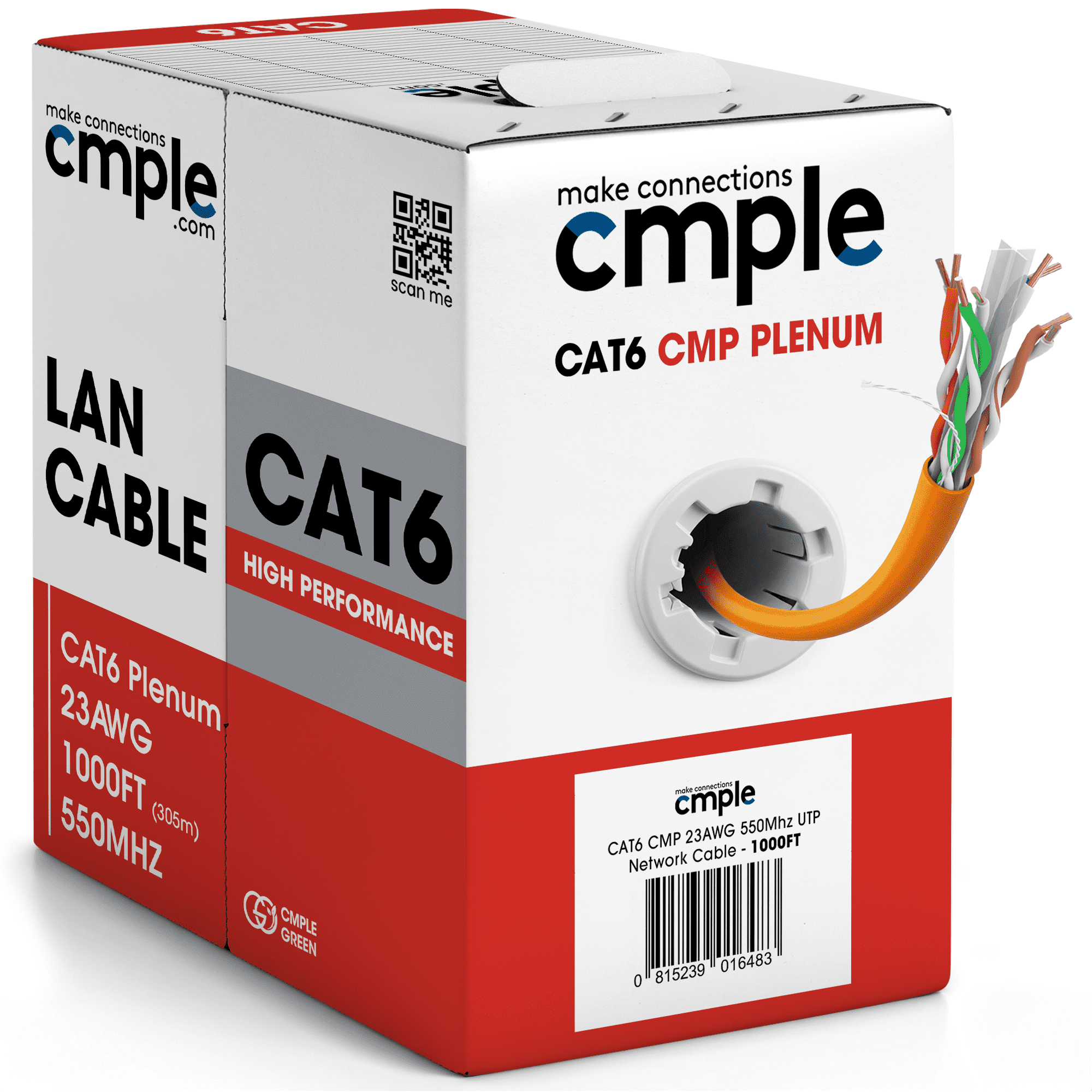 Cmple Cat6 Ethernet Cable 1000ft Plenum CMP 23AWG 550MHz UTP Solid 10Gbps PoE In-Wall Rated Bulk LAN Network Cable DSX-8000 Tested Pull Box - Orange