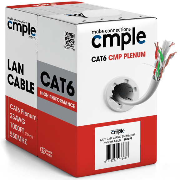 Cmple - Cat6 Ethernet Cable 1000ft Bulk CMP Plenum Rated, 23AWG 550MHz LAN Cable for Gigabit Network, PoE Devices & VoIP Phones - White