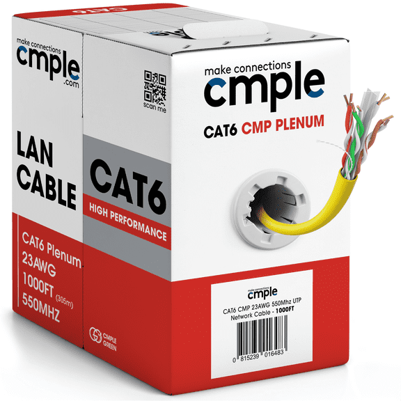 Cmple Cat6 Ethernet Cable 1000ft Plenum CMP 23AWG 550MHz UTP Solid 10Gbps PoE In-Wall Rated Bulk LAN Network Cable DSX-8000 Tested Pull Box - Yellow