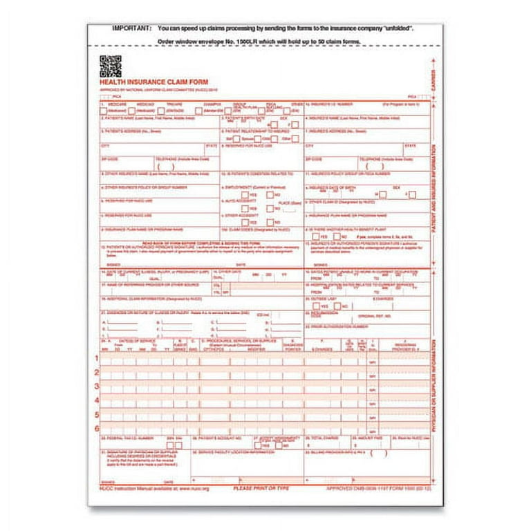 CMS Health Insurance Claim Form, Two-Part Carbonless, 8.5 x 11, 100 Forms Total CMS Health Insurance Claim Form, Two-Part Carbonless, 8.5 x 11, 100 Forms Total
