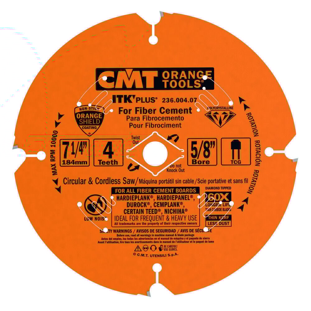 thumbnail image 1 of CMT 236.004.07 ITK PLUS Diamond Saw Blade for Fiber Cement Products 7-1/4-Inch x 4 Trapezoidal Teeth with 5/8-Inch<>Bore PTFE Coating, 1 of 2