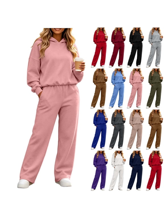 2 Piece Outfits Women Sweatsuits Long Sleeve Hoodies And High Waisted Straight Leg Pants with Pockets Casual Loose Fall Track Suits S-2XL