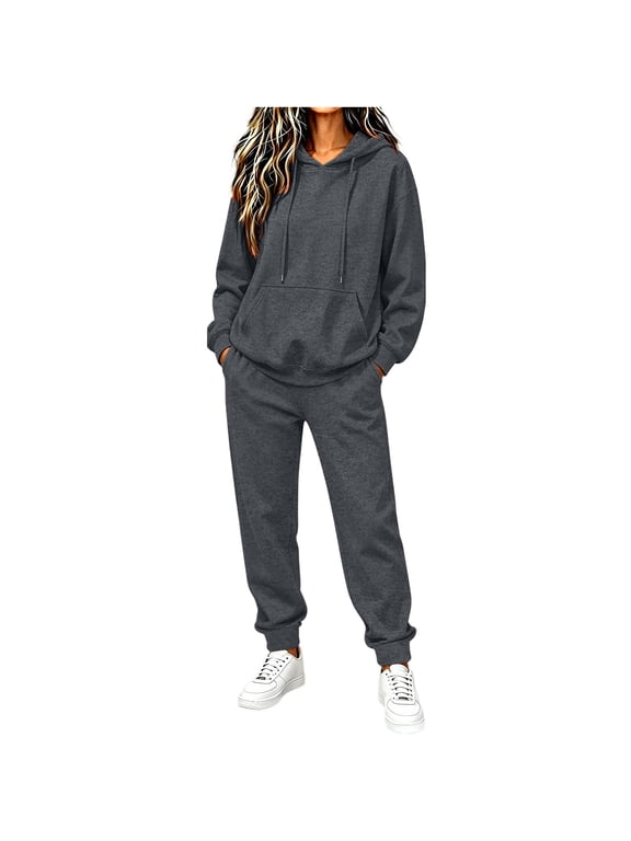 2 Piece Outfits Women's Sweatsuits Long Sleeve Drawstring Hoodies And Jogger Pants Casual Fall Winter Tracksuit with Pockets Gray S-2XL
