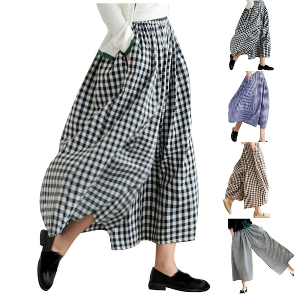 Cmtiyu Capri Pants Women, Casual High Waist Plaid Wide Leg Linen Pants, Baggy Beach Dress Pants with Pockets, M-XXL