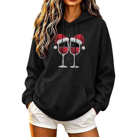 Cmtiyu Christmas Holiday Hoodies for Women Long Sleeve Drawstring Christmas Graphic Sweatshirts Casual Loose Pullover Tops with Pockets S-2XL