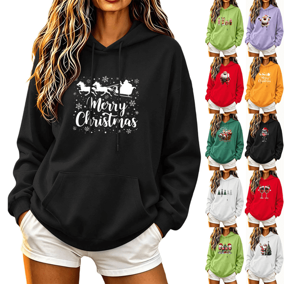 Cmtiyu Christmas Holiday Hoodies for Women Long Sleeve Drawstring Christmas Graphic Sweatshirts Casual Loose Pullover Tops with Pockets S-2XL